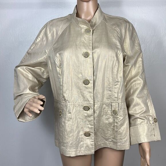 Chico’s Khaki Linen Cotton Blend Utility Shine Jacket Size L - Picture 1 of 8